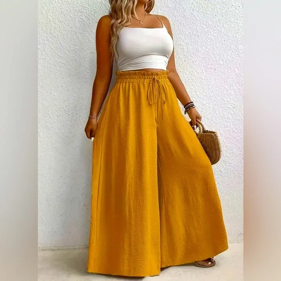 Golden Yellow Wide-Leg Elastic High Waist Pants - Picture 1 of 3